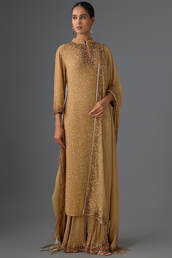 Beige Chiffon Sequins Embroidered Kurta Set by Nakul Sen at Pernia's Pop Up Shop