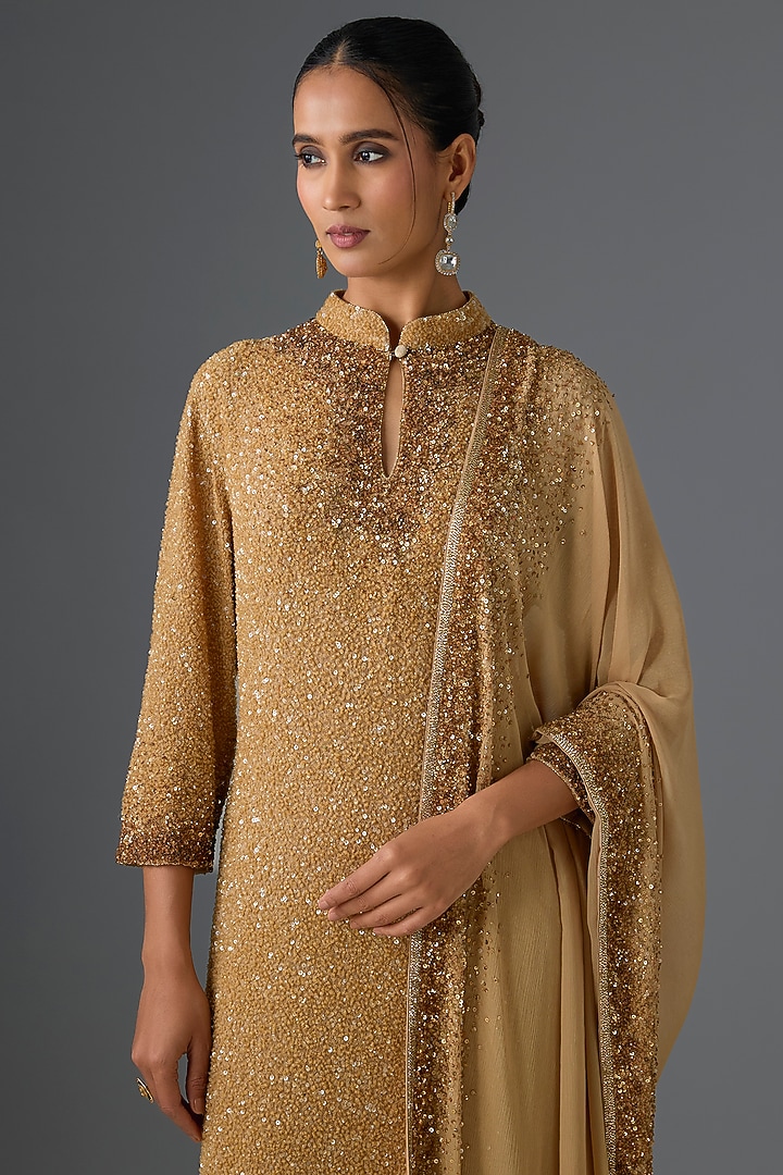 Beige Chiffon Sequins Embroidered Kurta Set by Nakul Sen at Pernia's Pop Up Shop