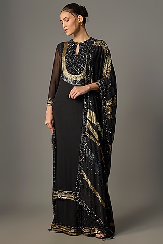 Black Chiffon Thread Embroidered Kurta Set by Nakul Sen