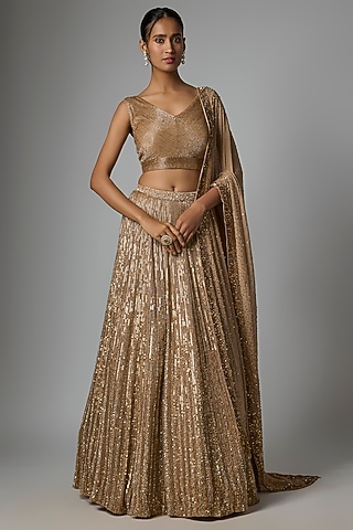 Beige Chiffon Sequins Embroidered Lehenga Set by Nakul Sen