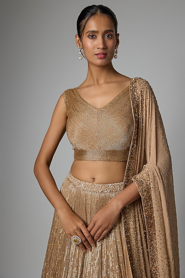 Beige Chiffon Sequins Embroidered Bridal Lehenga Set by Nakul Sen at Pernia's Pop Up Shop