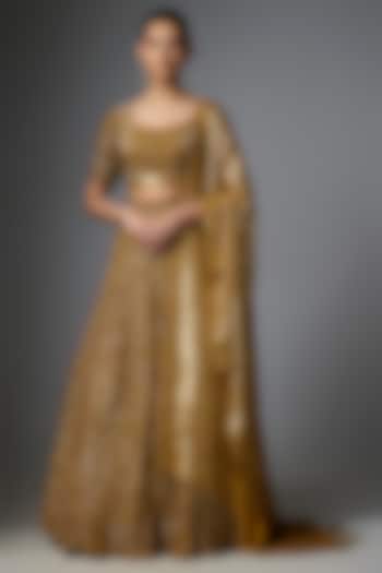 Gold Silk Chiffon Bridal Lehenga Set by Nakul Sen at Pernia's Pop Up Shop