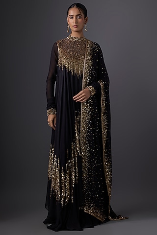 Black Chiffon Sequins Embroidered Kurta Set by Nakul Sen