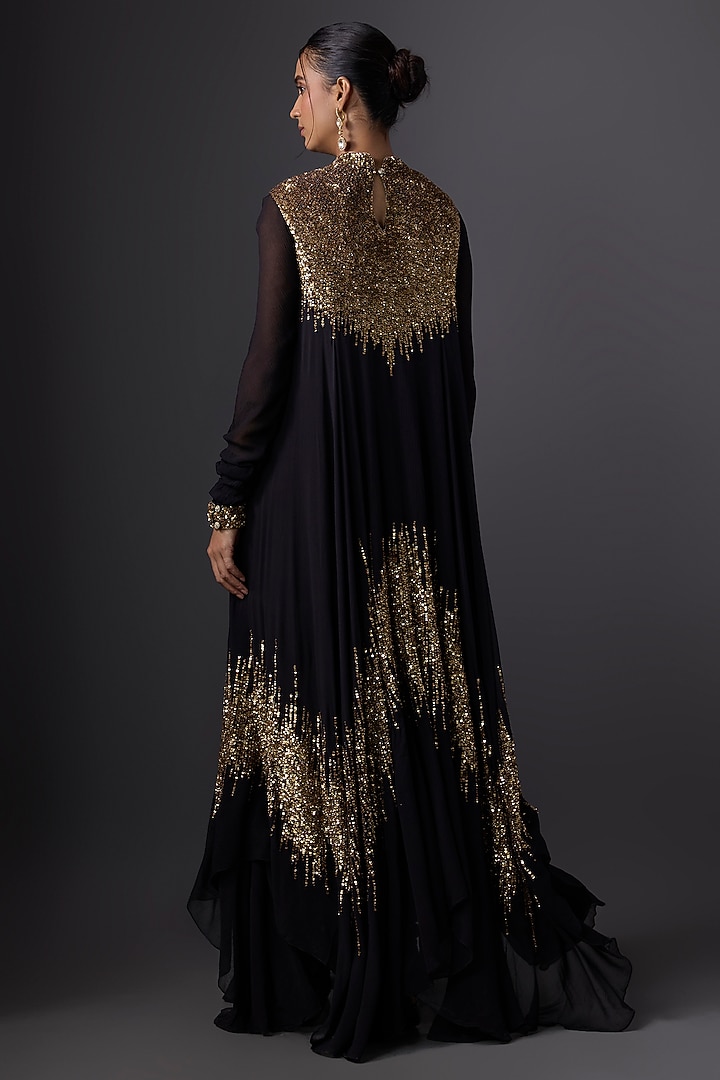 Black Chiffon Sequins Embroidered Kurta Set by Nakul Sen at Pernia's Pop Up Shop