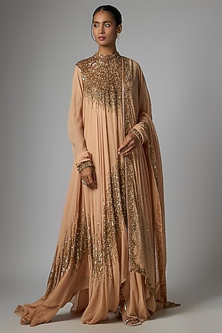 Peach Chiffon Sequins Embroidered Asymmetric Kurta Set by Nakul Sen