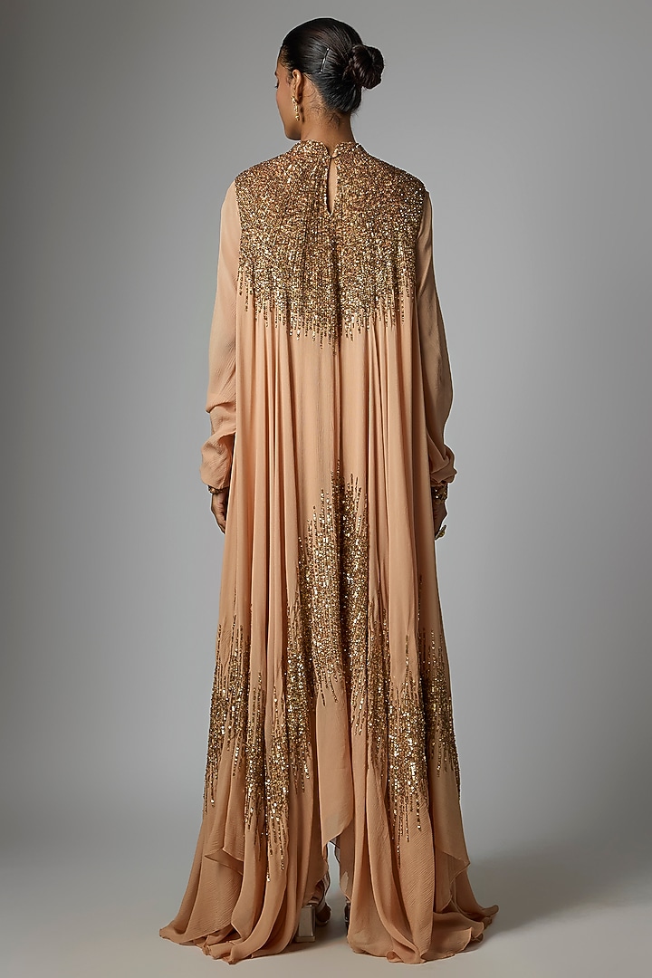Peach Chiffon Sequins Embroidered Asymmetric Kurta Set by Nakul Sen at Pernia's Pop Up Shop