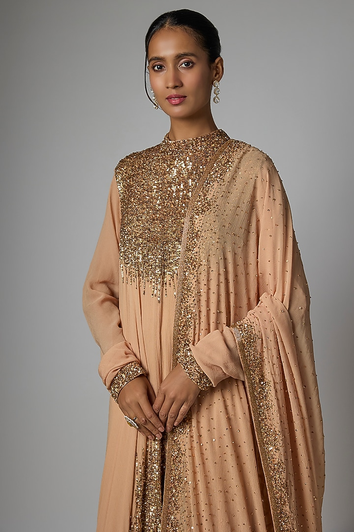 Peach Chiffon Sequins Embroidered Asymmetric Kurta Set by Nakul Sen at Pernia's Pop Up Shop