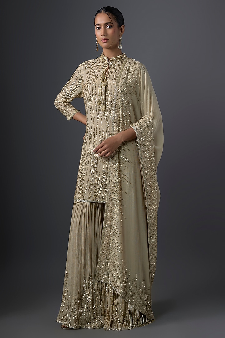Mushroom-Colored Chiffon Sequins Embroidered Gharara Set by Nakul Sen at Pernia's Pop Up Shop