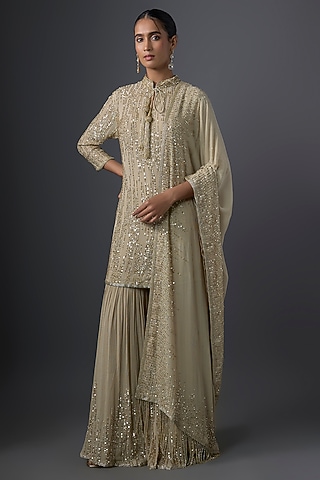 Mushroom-Colored Chiffon Sequins Embroidered Gharara Set by Nakul Sen