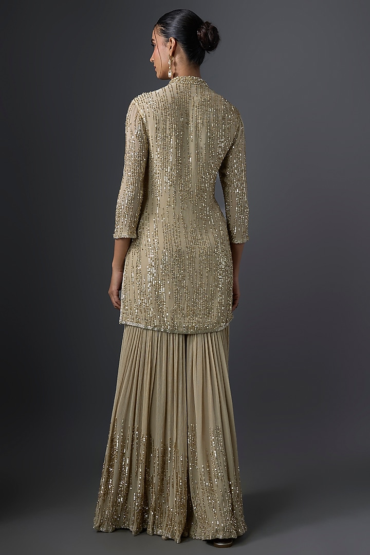 Mushroom-Colored Chiffon Sequins Embroidered Gharara Set by Nakul Sen at Pernia's Pop Up Shop