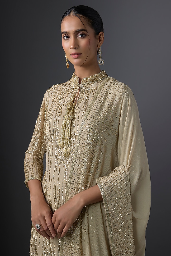 Mushroom-Colored Chiffon Sequins Embroidered Gharara Set by Nakul Sen at Pernia's Pop Up Shop