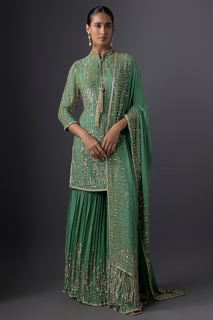 Jade Green Chiffon Sequins Embroidered Gharara Set by Nakul Sen at Pernia's Pop Up Shop