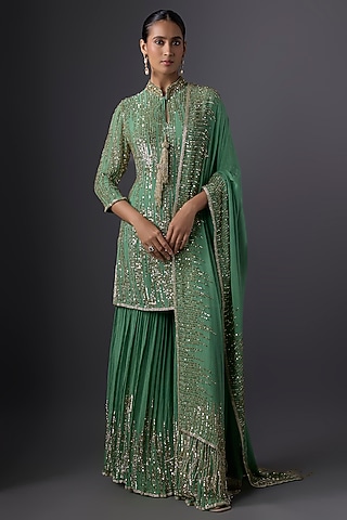 Jade Green Chiffon Sequins Embroidered Gharara Set by Nakul Sen