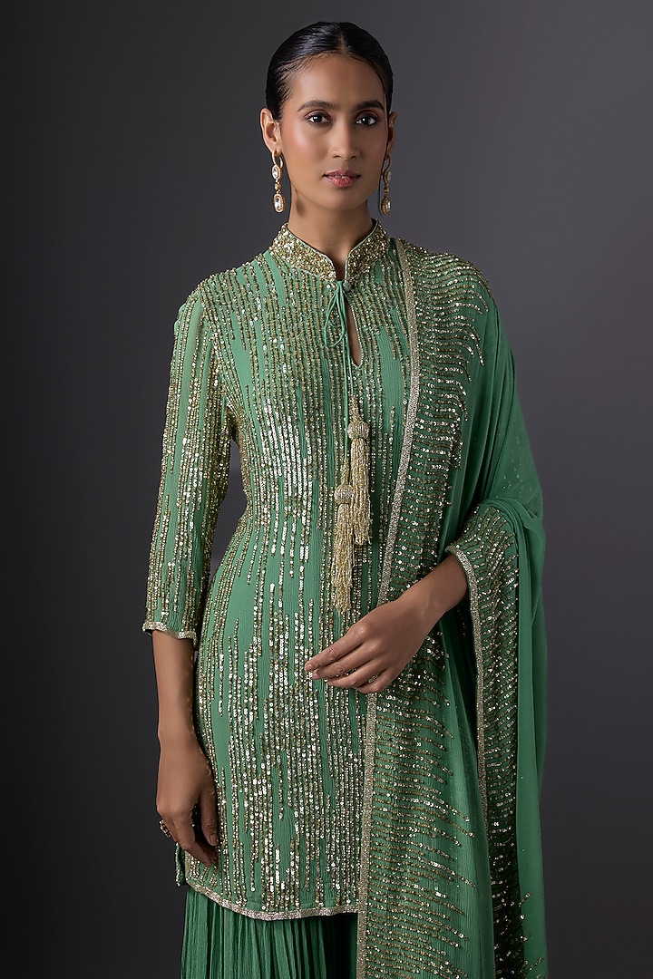 Jade Green Chiffon Sequins Embroidered Gharara Set by Nakul Sen at Pernia's Pop Up Shop