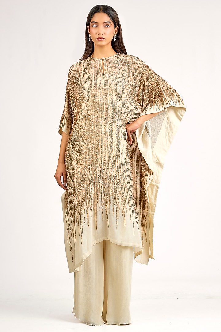 Ivory Chinon Sequins Embroidered Kaftan Set by Nakul Sen at Pernia's Pop Up Shop