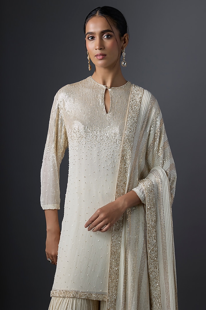 Ivory Chiffon Sequins Embroidered Gharara Set by Nakul Sen at Pernia's Pop Up Shop