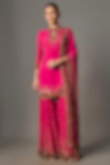 Rani Pink Chiffon Thread Embroidered Bridal Sharara Set by Nakul Sen at Pernia's Pop Up Shop