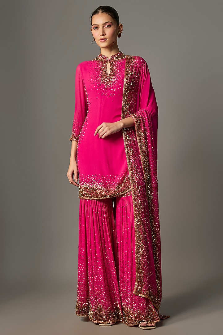 Rani Pink Chiffon Thread Embroidered Bridal Sharara Set by Nakul Sen at Pernia's Pop Up Shop