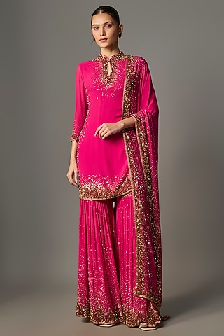 Rani Pink Chiffon Thread Embroidered Sharara Set by Nakul Sen