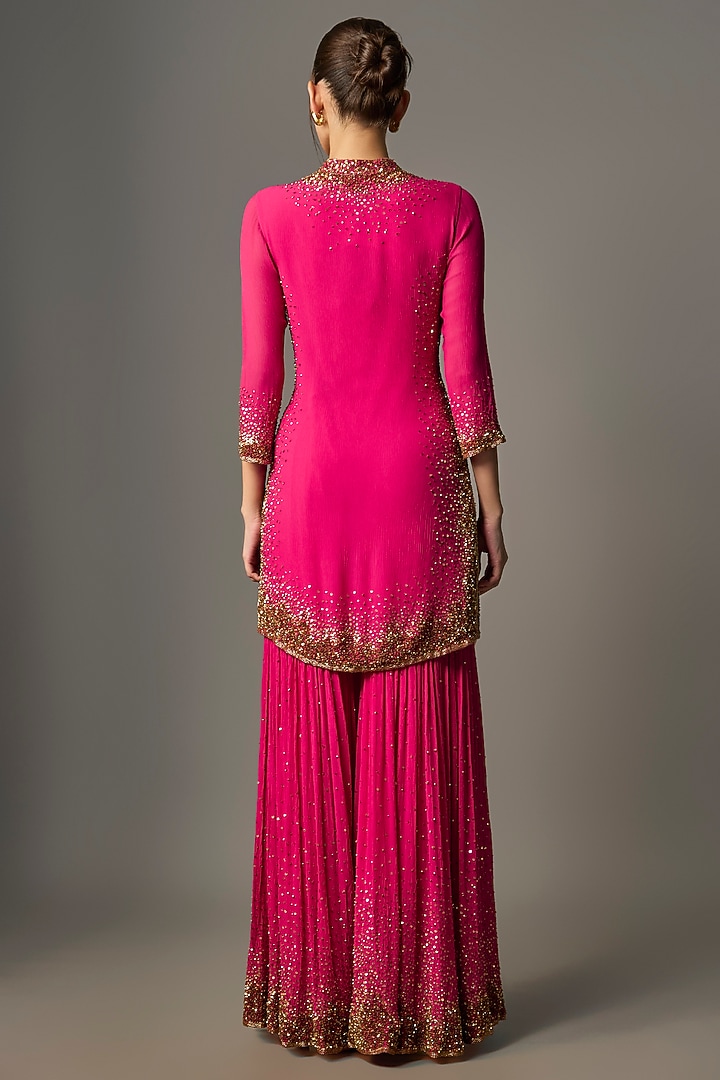 Rani Pink Chiffon Thread Embroidered Bridal Sharara Set by Nakul Sen at Pernia's Pop Up Shop