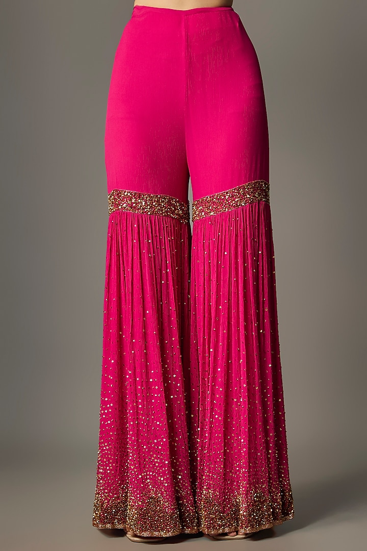 Rani Pink Chiffon Thread Embroidered Bridal Sharara Set by Nakul Sen at Pernia's Pop Up Shop