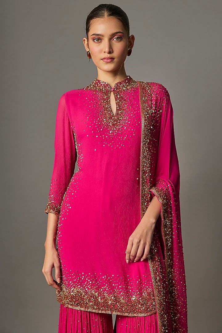 Rani Pink Chiffon Thread Embroidered Bridal Sharara Set by Nakul Sen at Pernia's Pop Up Shop