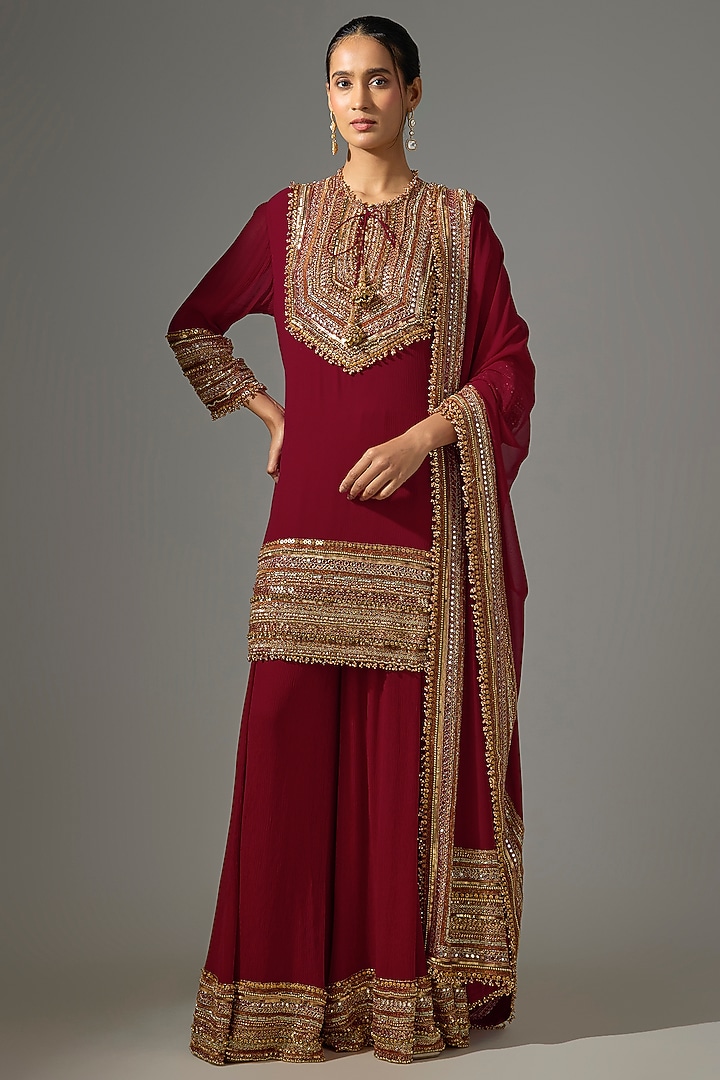 Red Chiffon Sequins Embroidered Bridal Sharara Set by Nakul Sen at Pernia's Pop Up Shop
