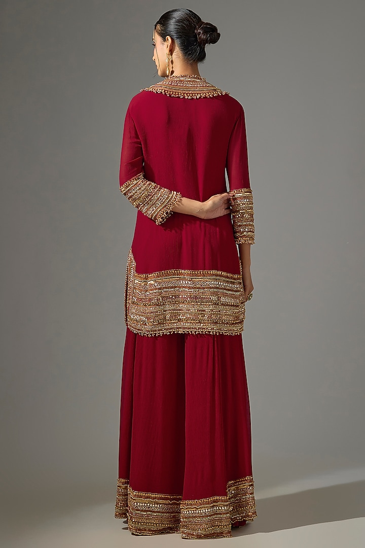 Red Chiffon Sequins Embroidered Bridal Sharara Set by Nakul Sen at Pernia's Pop Up Shop