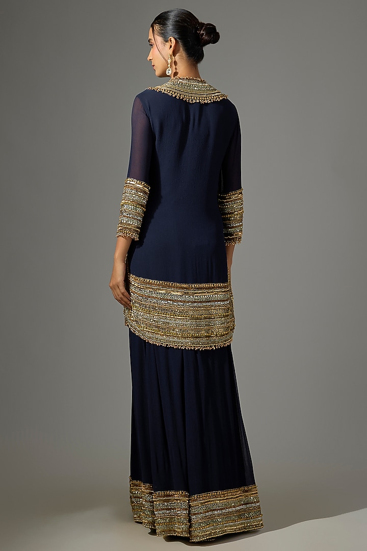 Navy Chiffon Sequins Embroidered Bridal Sharara Set by Nakul Sen at Pernia's Pop Up Shop