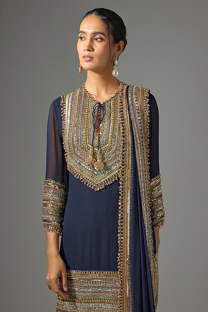 Navy Chiffon Sequins Embroidered Bridal Sharara Set by Nakul Sen at Pernia's Pop Up Shop