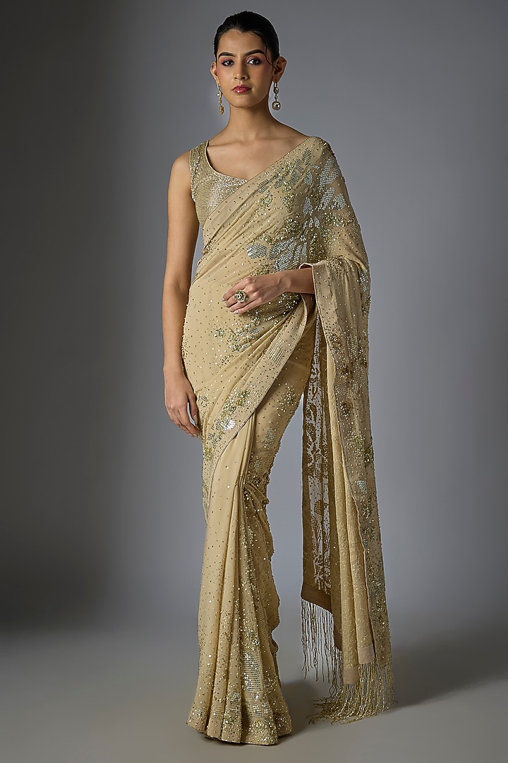 Mushroom Chiffon Sequins Embroidered Bridal Saree Set by Nakul Sen at Pernia's Pop Up Shop