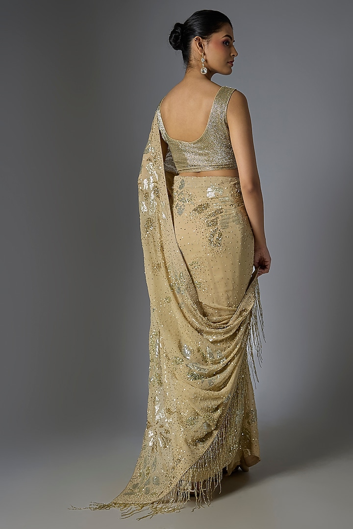 Mushroom Chiffon Sequins Embroidered Bridal Saree Set by Nakul Sen at Pernia's Pop Up Shop