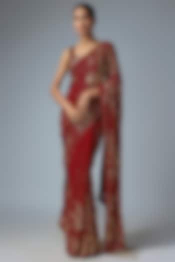 Red Chiffon Sequins Embroidered Bridal Saree Set by Nakul Sen at Pernia's Pop Up Shop
