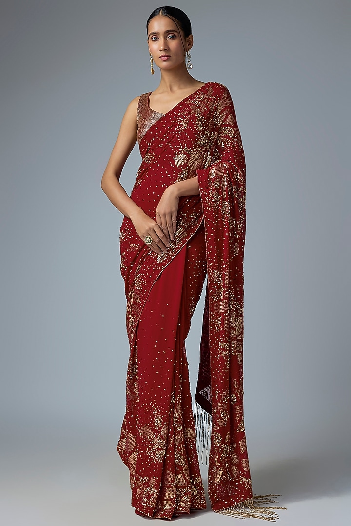 Red Chiffon Sequins Embroidered Bridal Saree Set by Nakul Sen at Pernia's Pop Up Shop