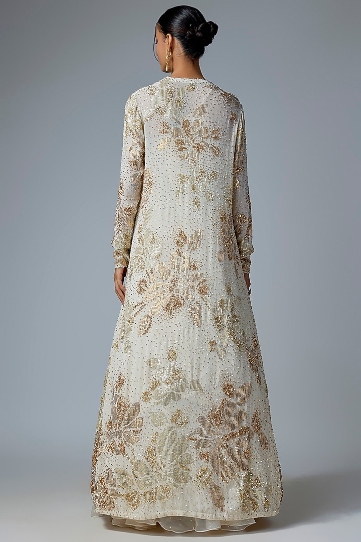 Almond-Colored Chiffon Sequins Embroidered Jacket Set by Nakul Sen at Pernia's Pop Up Shop