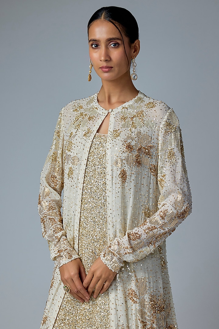 Almond-Colored Chiffon Sequins Embroidered Jacket Set by Nakul Sen at Pernia's Pop Up Shop