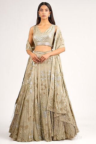 Mushroom-Colored Chinon Sequins Embroidered Lehenga Set by Nakul Sen