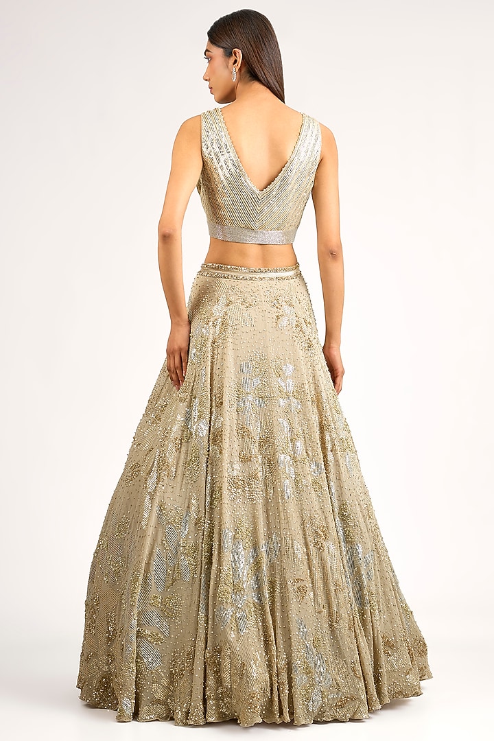 Mushroom-Colored Chinon Sequins Embroidered Bridal Lehenga Set by Nakul Sen at Pernia's Pop Up Shop