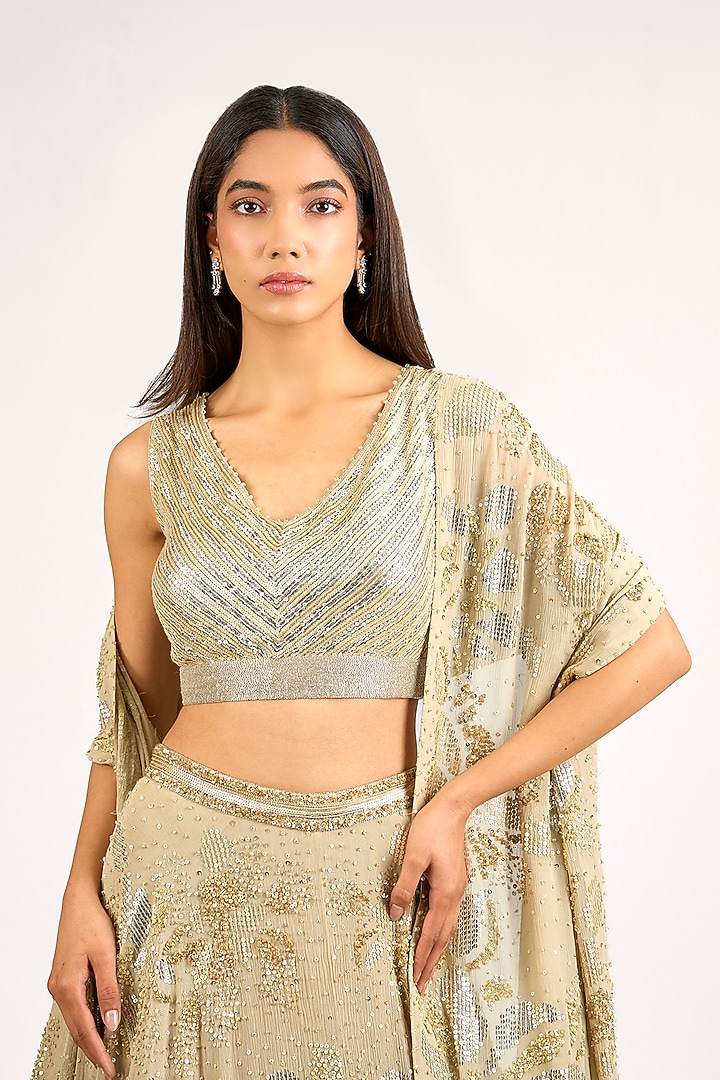 Mushroom-Colored Chinon Sequins Embroidered Bridal Lehenga Set by Nakul Sen at Pernia's Pop Up Shop