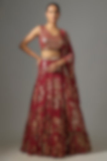 Red Chiffon Sequins Embroidered Bridal Lehenga Set by Nakul Sen at Pernia's Pop Up Shop