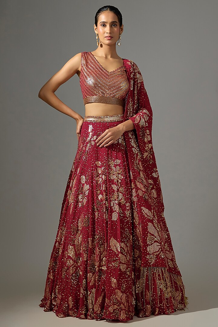 Red Chiffon Sequins Embroidered Bridal Lehenga Set by Nakul Sen at Pernia's Pop Up Shop