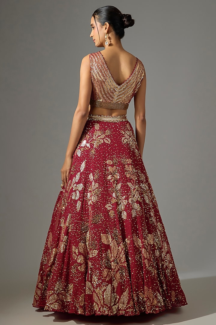 Red Chiffon Sequins Embroidered Bridal Lehenga Set by Nakul Sen at Pernia's Pop Up Shop