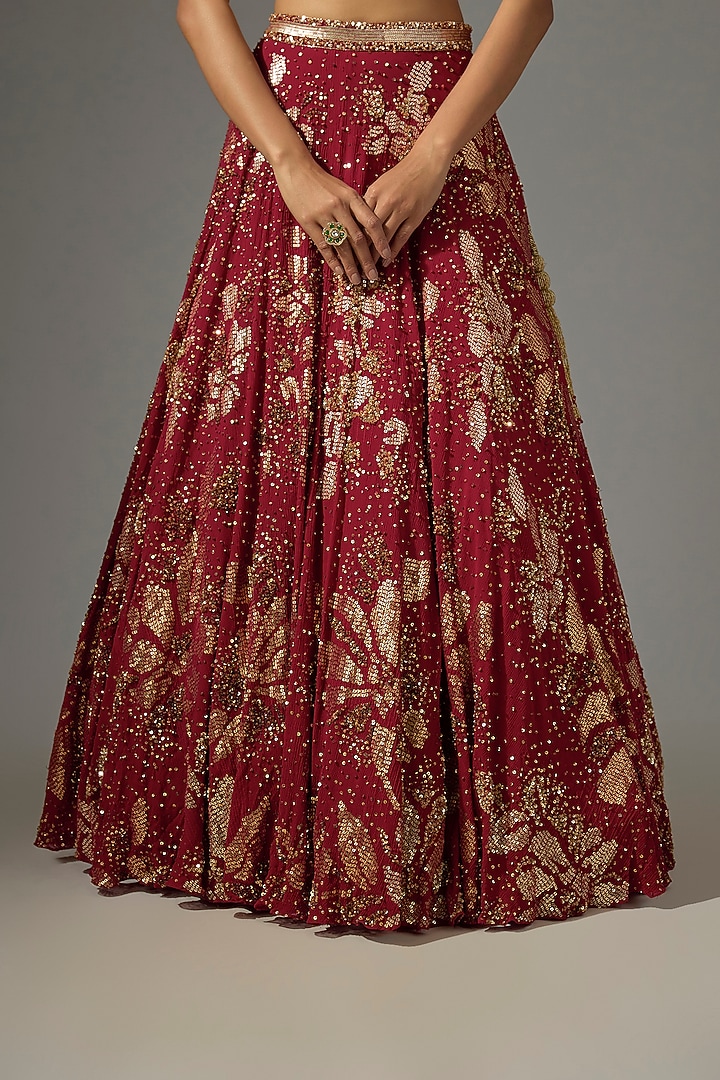 Red Chiffon Sequins Embroidered Bridal Lehenga Set by Nakul Sen at Pernia's Pop Up Shop
