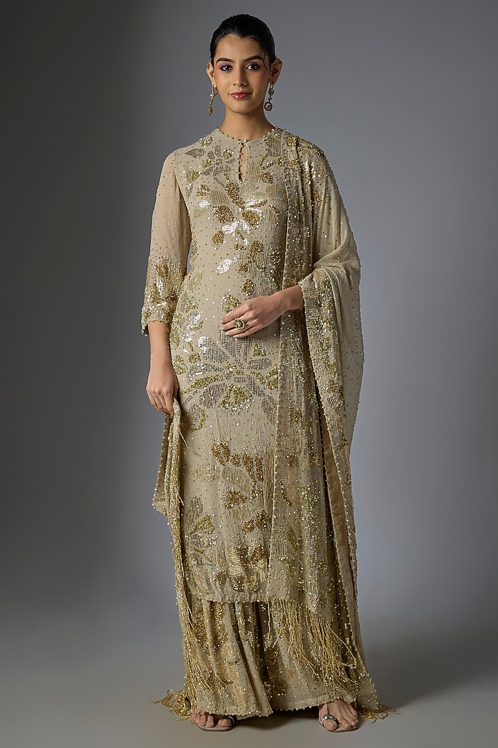 Mushroom Chiffon Sequins Embroidered Kurta Set by Nakul Sen at Pernia's Pop Up Shop