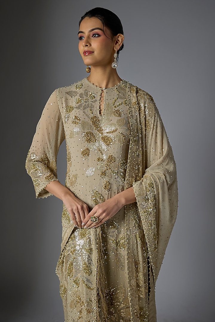 Mushroom Chiffon Sequins Embroidered Kurta Set by Nakul Sen at Pernia's Pop Up Shop