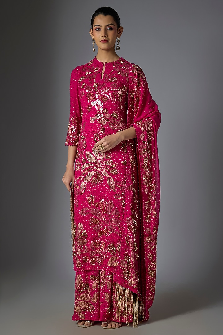 Rani Pink Chiffon Sequins Embroidered Kurta Set by Nakul Sen at Pernia's Pop Up Shop