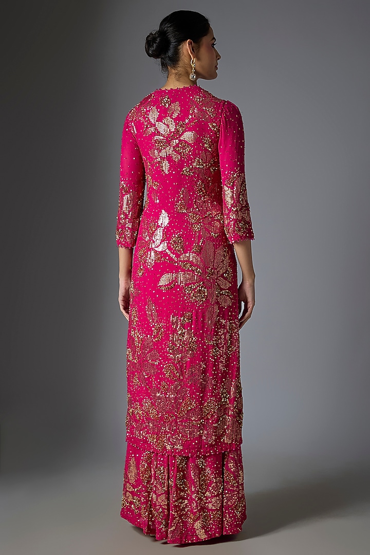 Rani Pink Chiffon Sequins Embroidered Kurta Set by Nakul Sen at Pernia's Pop Up Shop