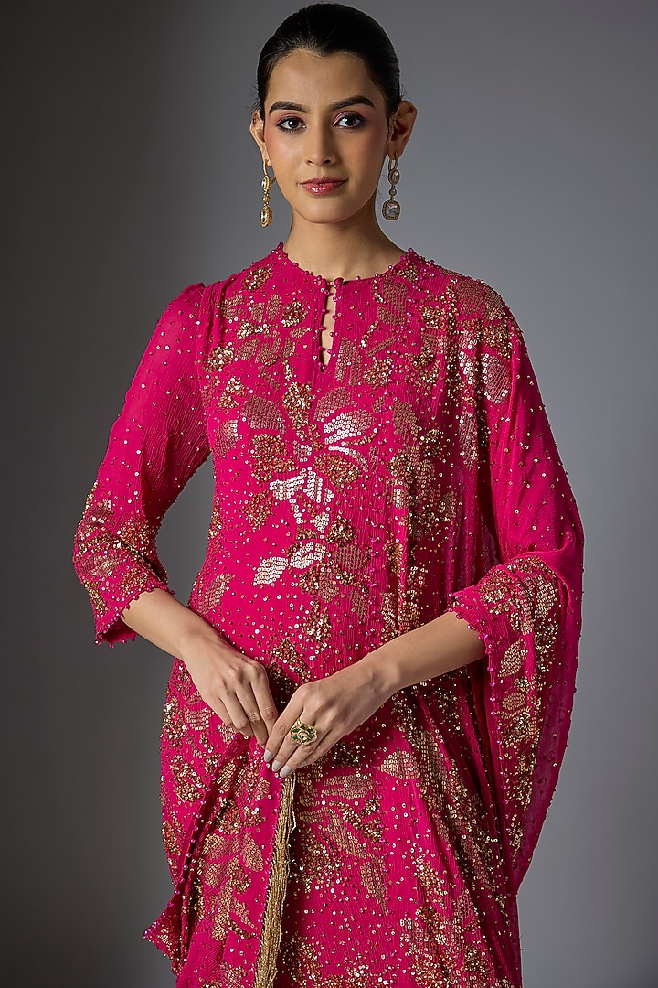 Rani Pink Chiffon Sequins Embroidered Kurta Set by Nakul Sen at Pernia's Pop Up Shop