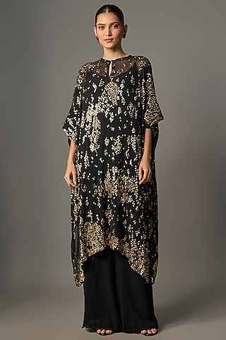 Black Chiffon Thread Embroidered Kaftan Set by Nakul Sen