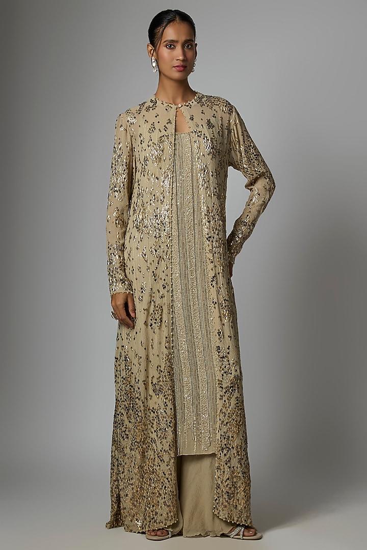 Mushroom-Colored Chiffon Sequins Embroidered Jacket Set by Nakul Sen at Pernia's Pop Up Shop